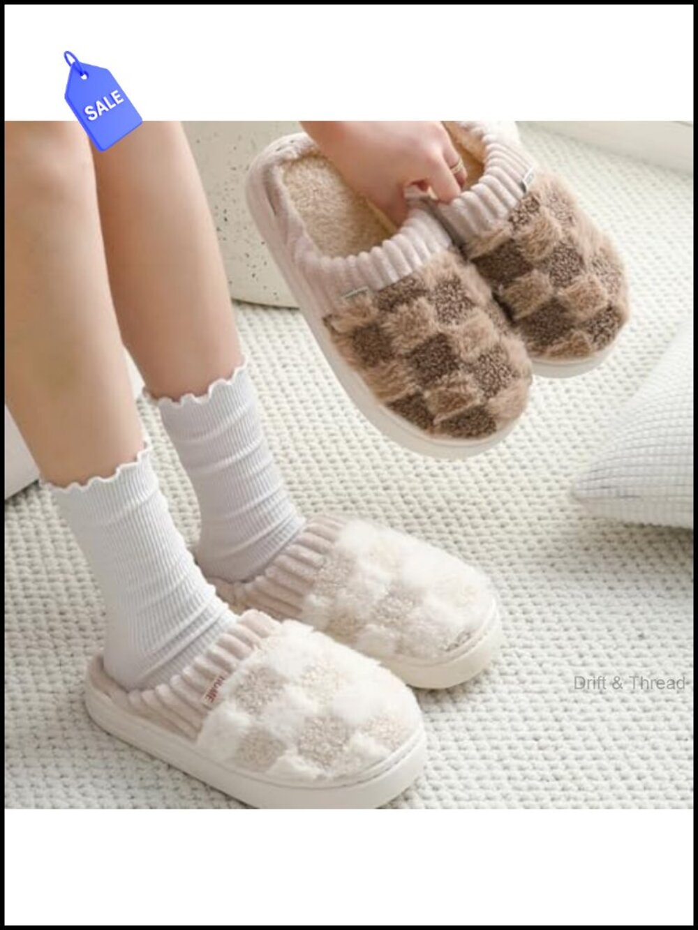 Plaid House Slippers Plush Fuzzy Warm Memory Foam Indoor Non-Slip - Picture 2 of 6
